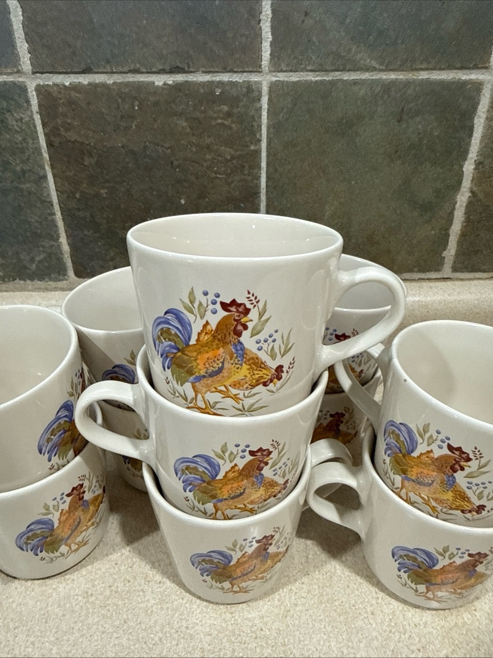Rooster Pattern Beige Mug - Set of 11 Farmhouse Mugs Corelle Stoneware